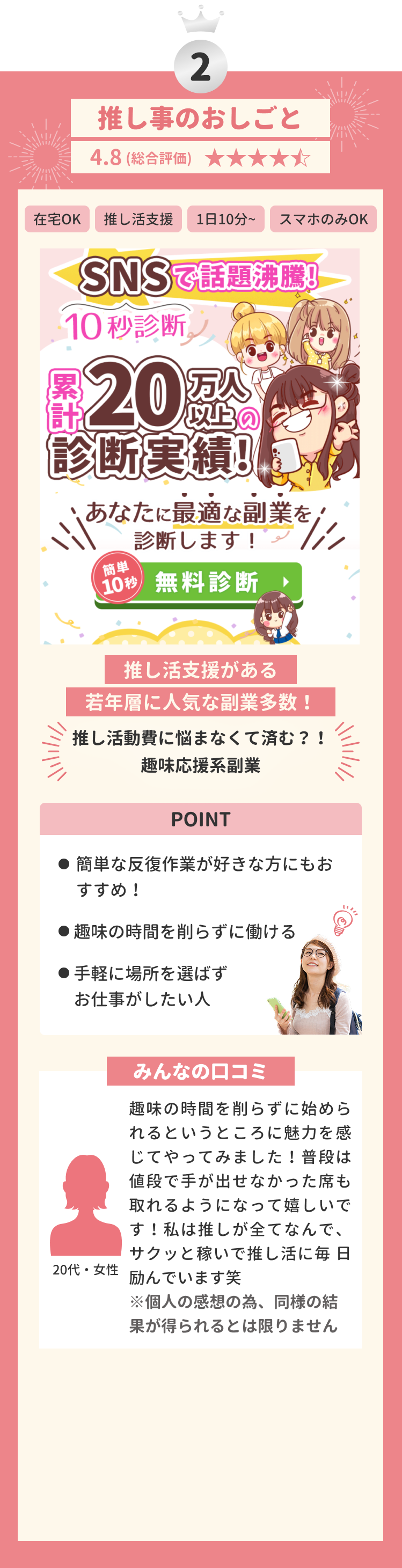 第二位 推し事のおしごと 4.8(総合評価) 在宅OK 推し活支援 1日10分〜 スマホのみOK 推し活支援がある若年層に人気な副業多数! 推し活動費に悩まなくて済む?!高収入副業 POINT 簡単な反復作業が好きな方にもおすすめ! 趣味の時間を削らずに働ける 手軽にお小遣い稼ぎがしたい人 みんなの口コミ 趣味の時間を削らずに始められるというところに魅力を感じてやってみました!普段は値段で手が出せなかった席も取れるようになって嬉しいです!私は推しが全てなんで、サクッと稼いで推し活に毎日励んでいます笑 ※個人の感想の為、同様の結果が得られるとは限りません 20代・女性
